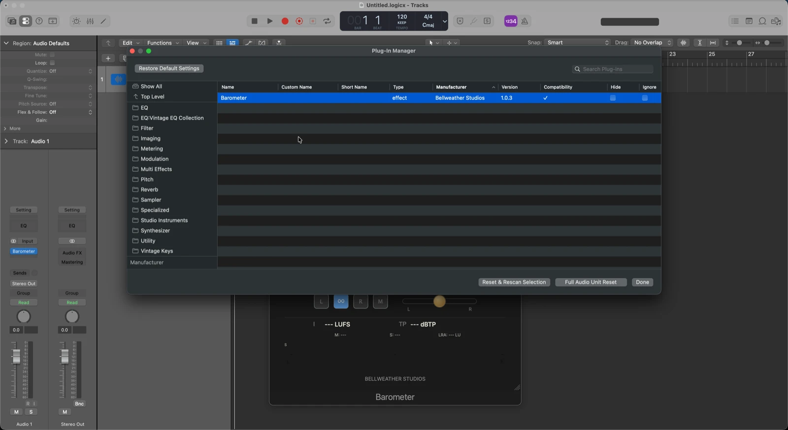 DAW plugin rescan menu