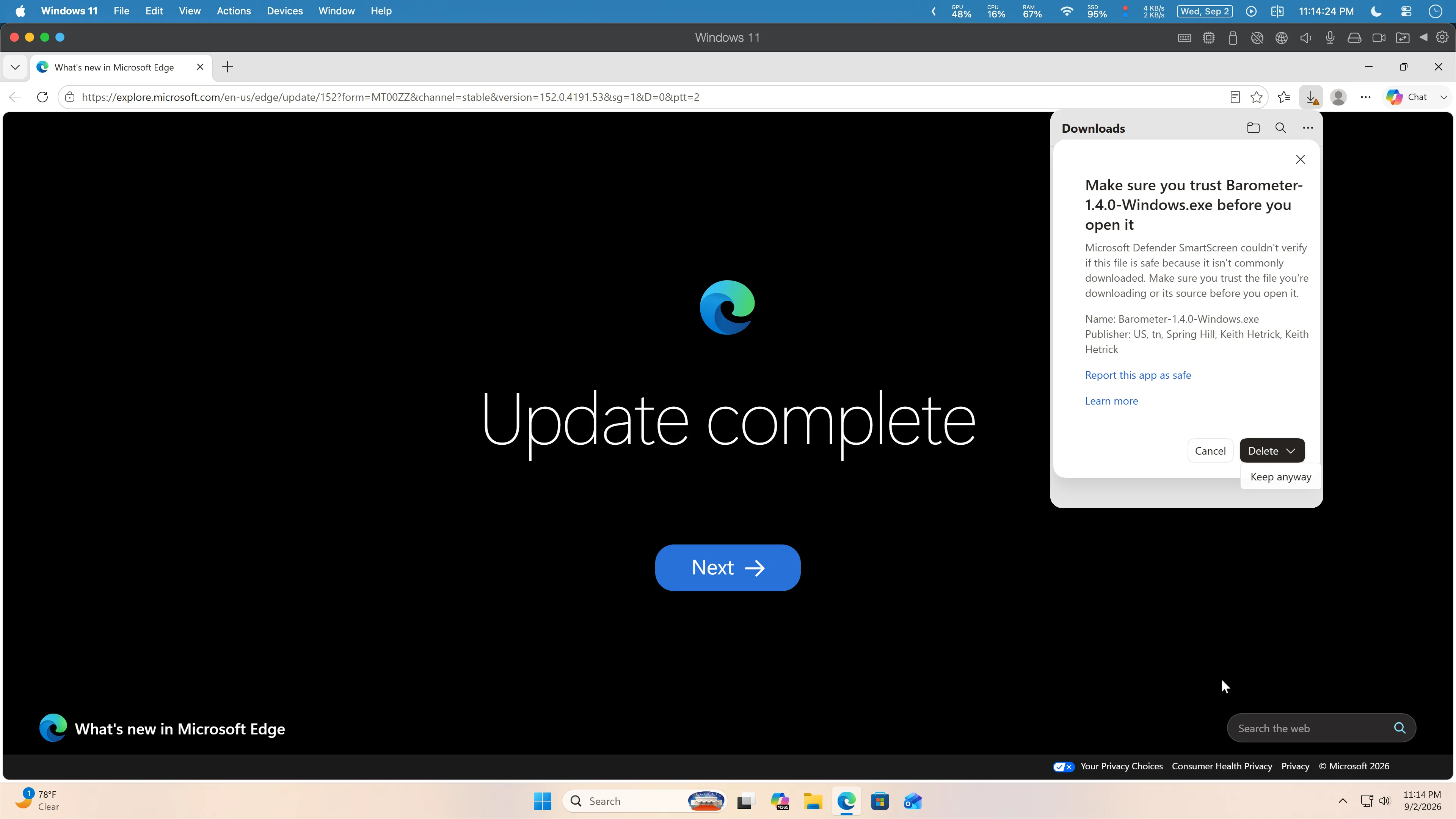 Microsoft Edge Keep anyway confirmation for the Barometer installer