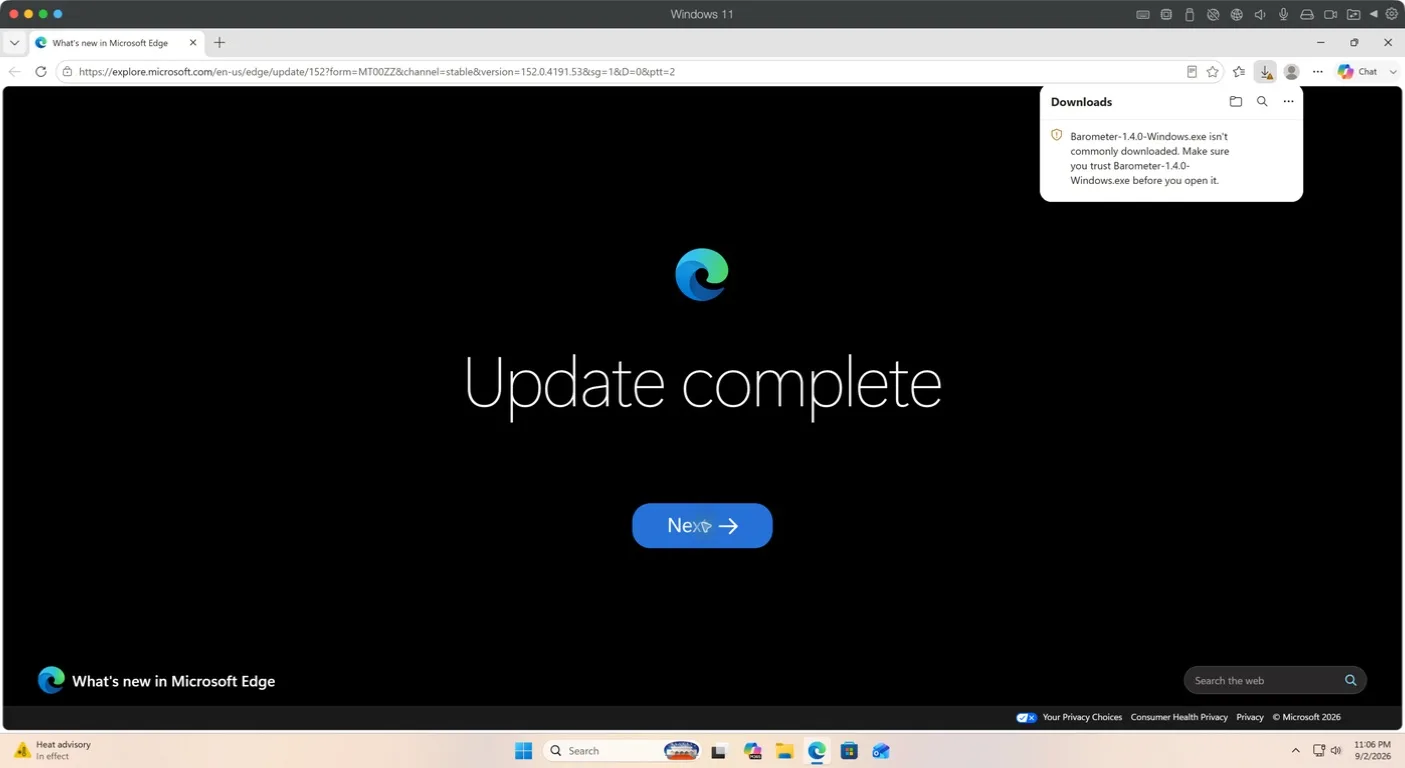 Microsoft Edge uncommon-download warning for the Barometer installer